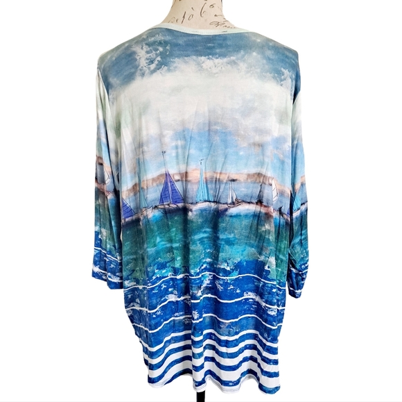 SOLD Karen Kane abstract art to wear boats on ocean stretchy blouse top size 1X - Picture 6 of 15